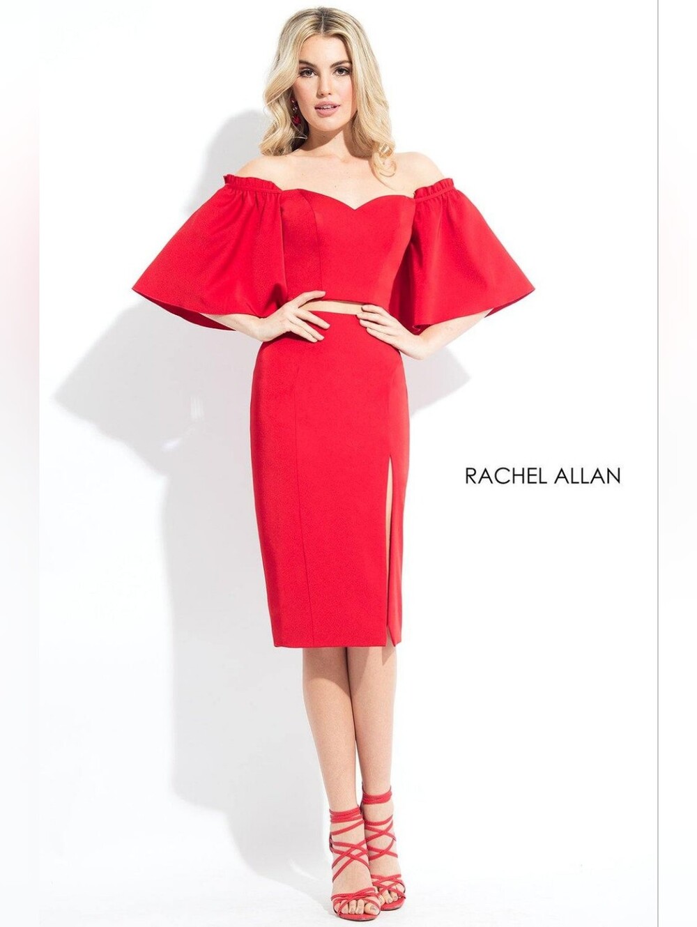 Rachel Allen L1085 Red Off-Shoulder Skirt Set